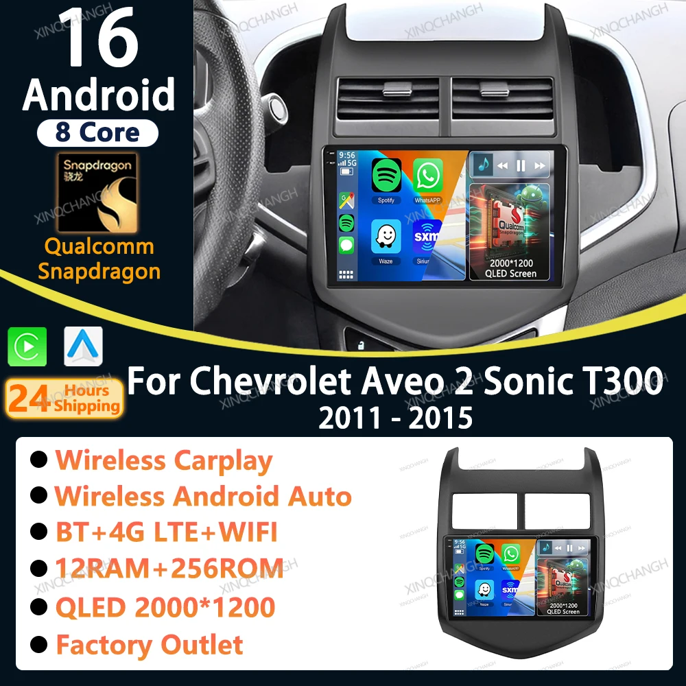 Radio para Auto con Android 16 y Carplay para Chevrolet Aveo 2 Sonic T300 2011-2015, Unidad Principal, Panel de Fascia, Reproductor de Video, Audio y Estéreo