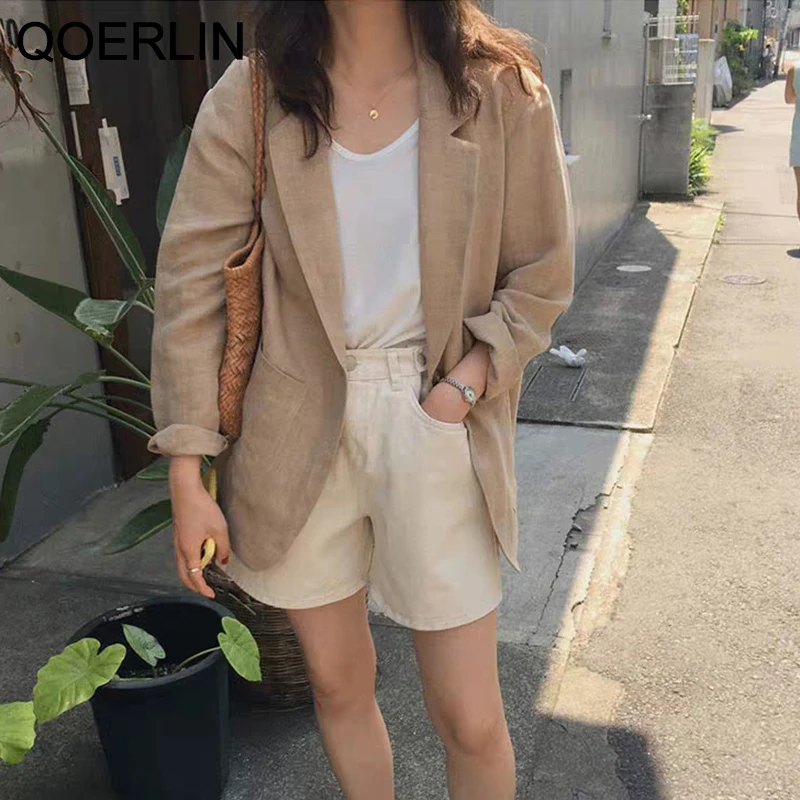 

QOERLIN Suit Blazer Thin Cotton Linen Suit Clothing 2022 Spring Fll New Korean Retro Loose Casual Suit Jacket Coat