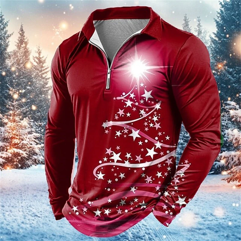 Christmas-Themed Men's Merry Christmas Snowflake Lapel Long-Sleeve Polo Shirt Stylish Christmas Tree 3D Print Zipper Shirt