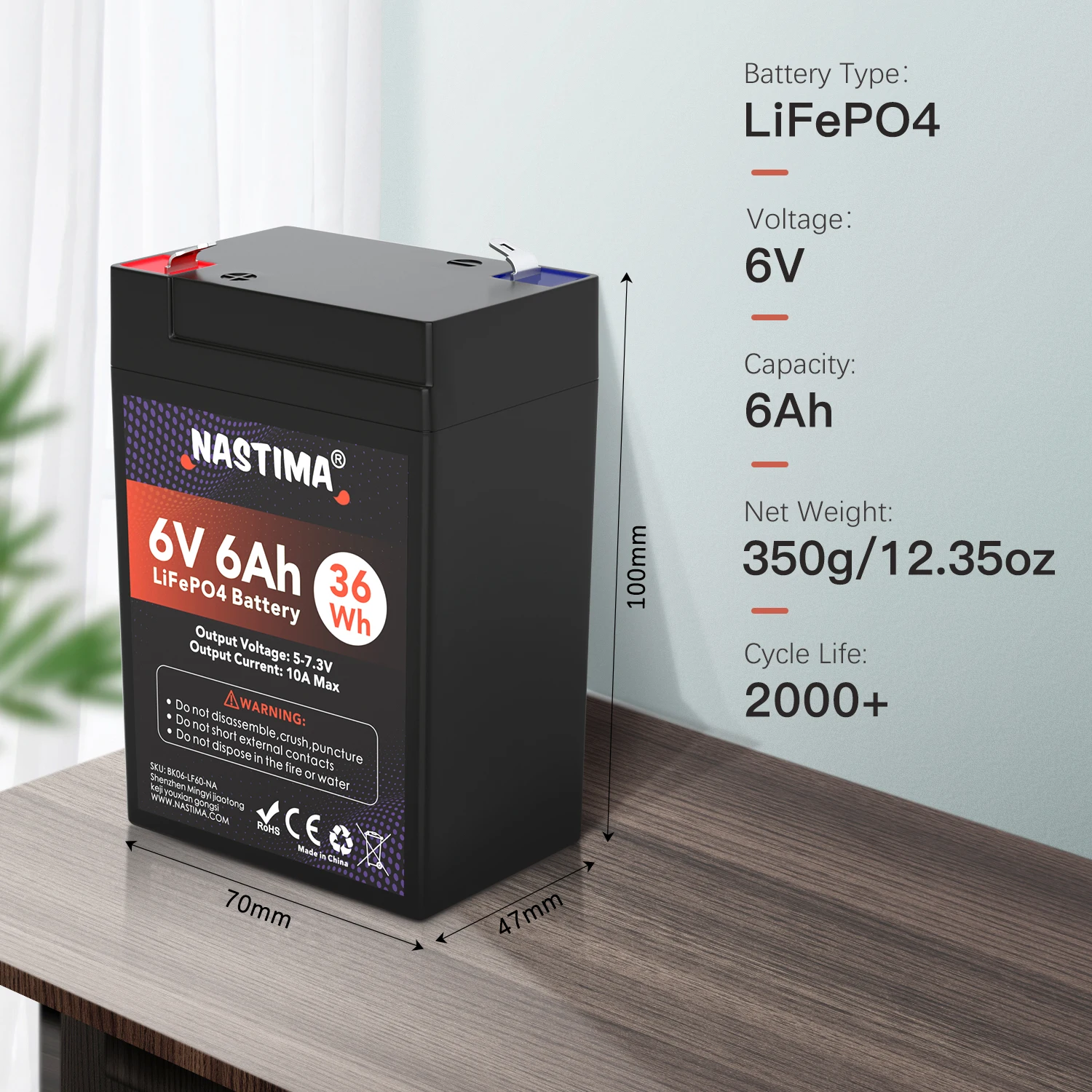 NASTIMA 6V 6Ah LiFePO4 Battery With BMS Rechargeable Lithium Iron Phosphate Battery for Emergency Light Lantern Kids Ride On Car