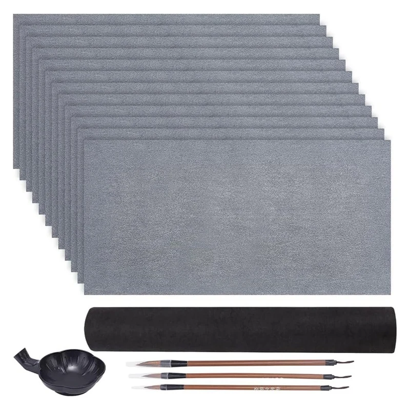 Calligraphy Set Water Writing Cloth Set 12 Sheets Of Water Writing Paper 3 Sizes Of Brushes 1 Water Tray For Painting