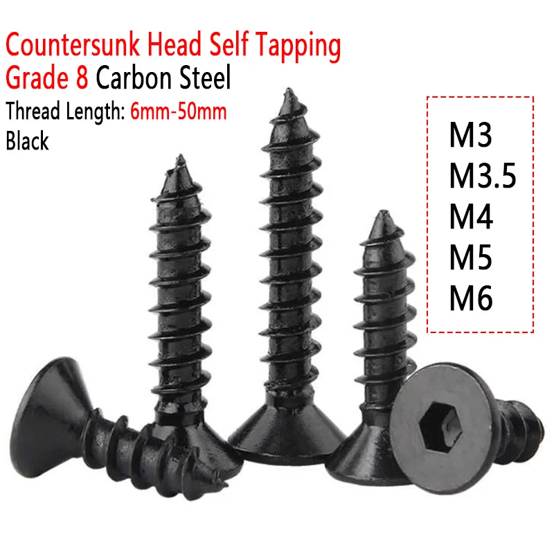 M3 M3.5 M4 M5 M6 Black Grade 8 Carbon Steel Hexagon Socket Hex Flat Countersunk Head Self Tapping Screw 5/10/20/30/50/100pcs