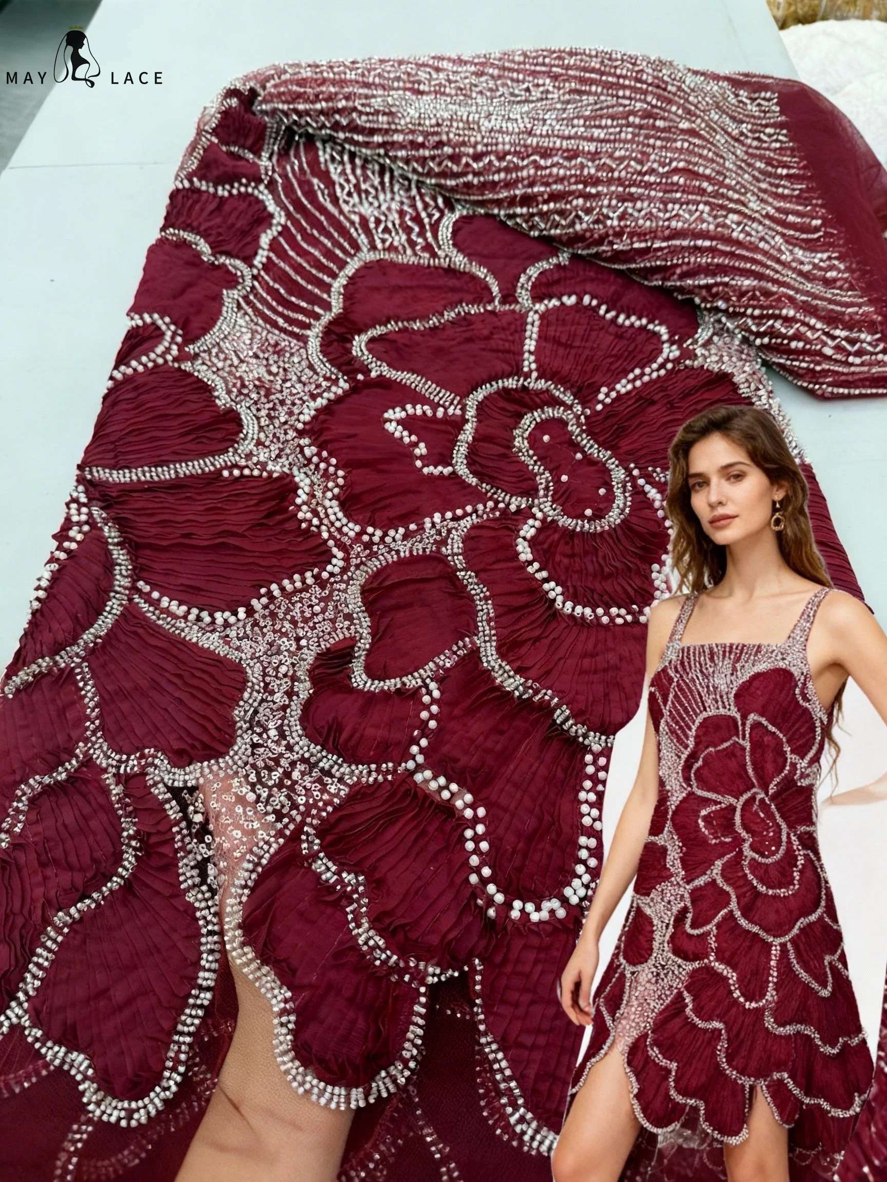 

African Red Luxury Lace Fabric Beads With Sequins 2026 High Quality 5 Yards Nigerian Mesh Lace Material For Party Wedding Dress