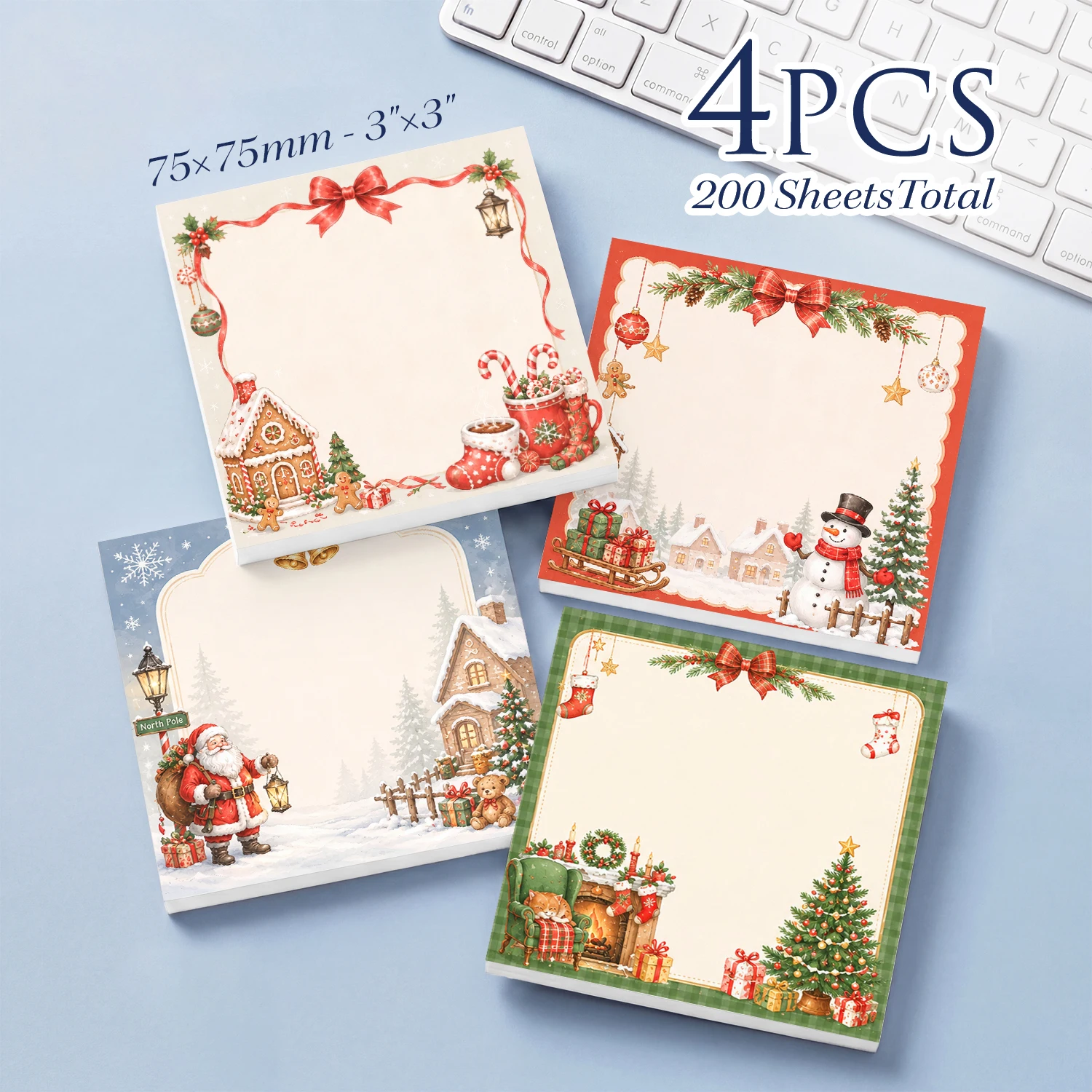 4PCS Christmas Self Adhesive Sticky Notes 200 Sheets Santa Snowman Gingerbread House Christmas Tree Holiday Memo Pads Office Sch