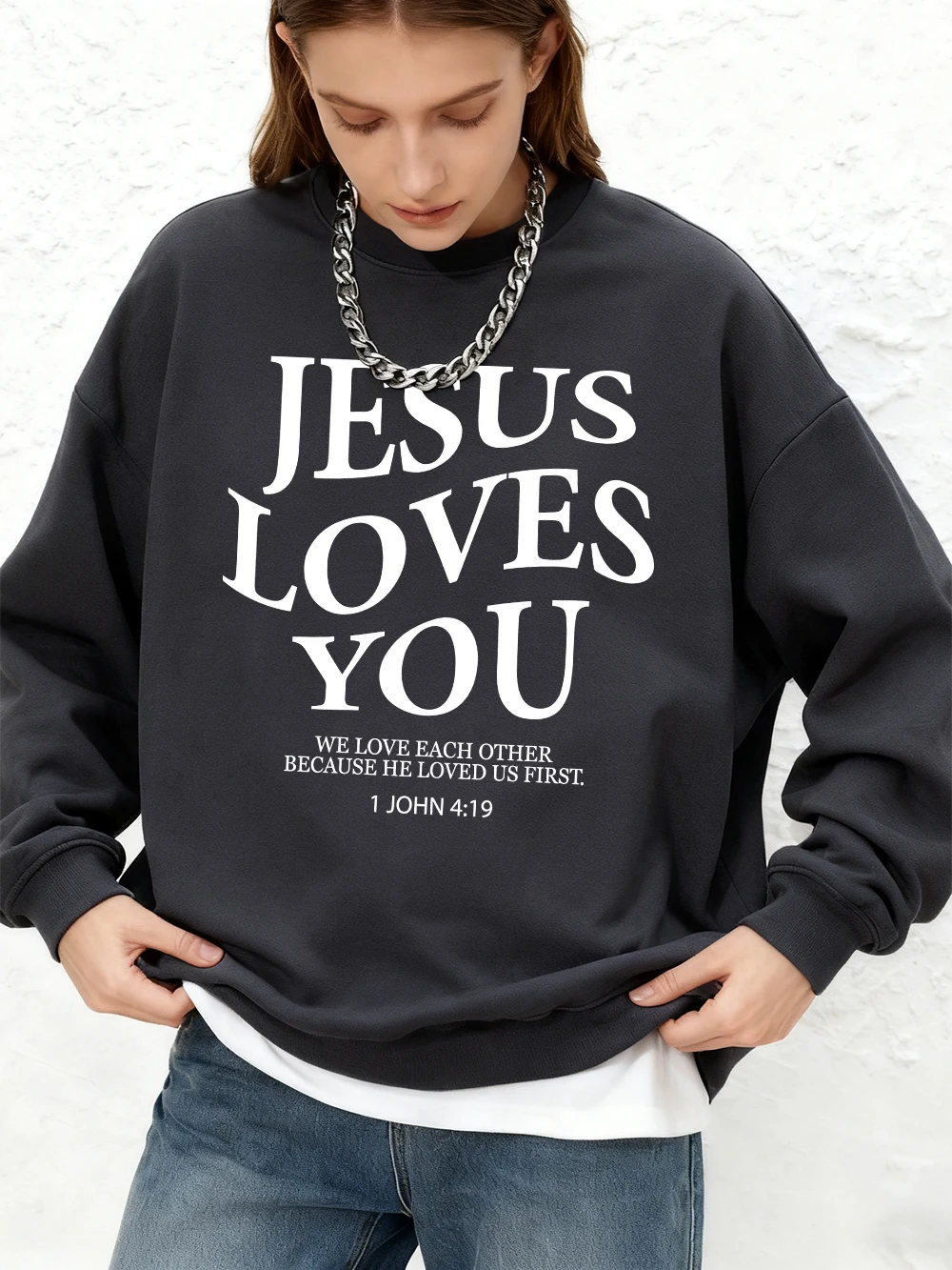 Bluza z nadrukiem Jezus Cię Kocha Damska Casualowa Bluza z Okrągłym Dekoltem Oversize Jesienna Ciepła Bluza z Długim Rękawem Top Damski Strój do Biegania