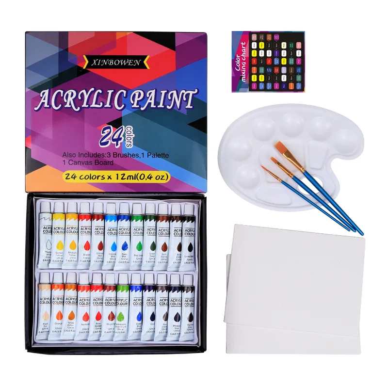 12ML 24 Acrylic Paint Art Set with Palette Portable Easel Brushes Waterproof Fabric Paints Drawing Fabric Set Art Supplies