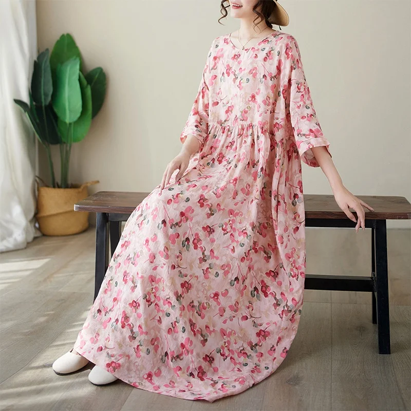 

n Cotton Linen Long Skirt Maxi Dr round Ne ort Sve Floral Print Summer Thin Five-Quarter Sve Gown Dr
