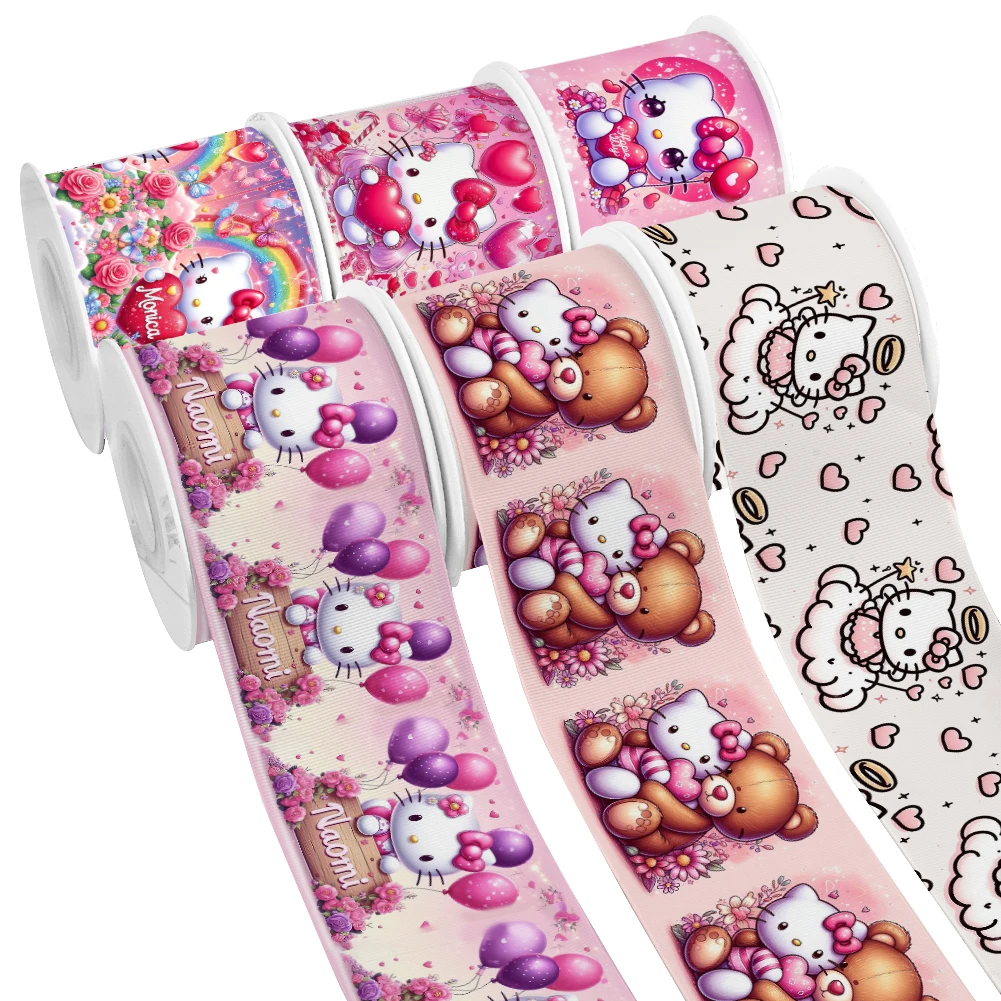 

Тема Пасхи Sanrio розовая мультяшная Hello Kitty печатная корсажная лента 5 ярдов для самодельных бантов для волос Веселая фотография материалы