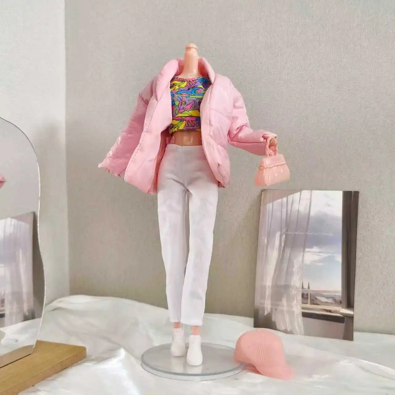 Mode Winter Roze Donsjack + Geometrische Top + Witte Broek Set Voor 1/6 Supermodel Pop Dress Up 30 cm Pop Kleding Accessoires