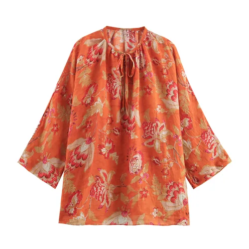 Camisa estampada con cordones para mujer, arte Retro, holgada, cuello redondo, plisada, manga larga, informal, jersey para ir al trabajo, blusa, Tops elegantes de verano