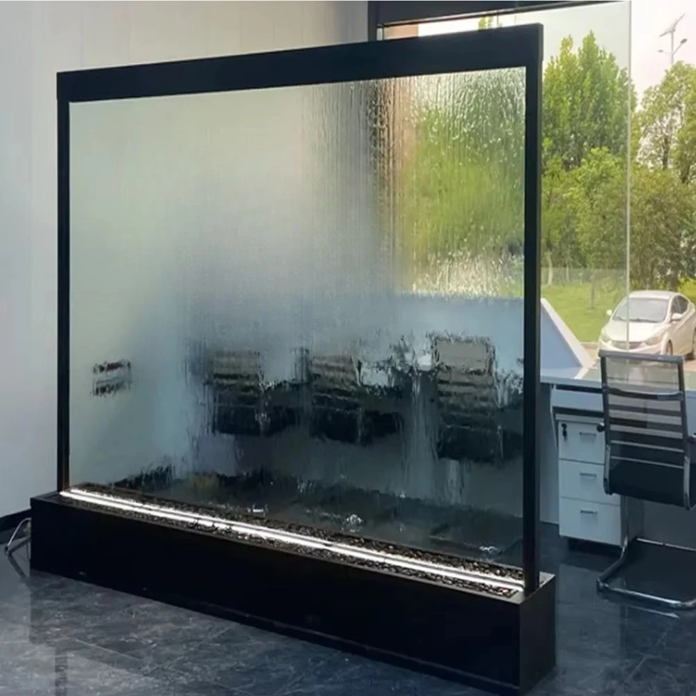 Modern glass waterfall wall with LED removable water wall fountain for use as house waterfall and room divider