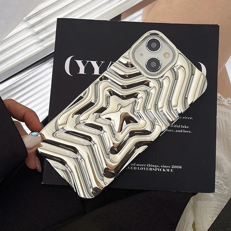 بلينغ مطلي بالكروم الفضة التدرج نجمة خماسية حافظة هاتف من البولي يوريثان آيفون 16 برو ماكس 15 13 14 تصفيح سيليكون الغطاء الخلفي #4