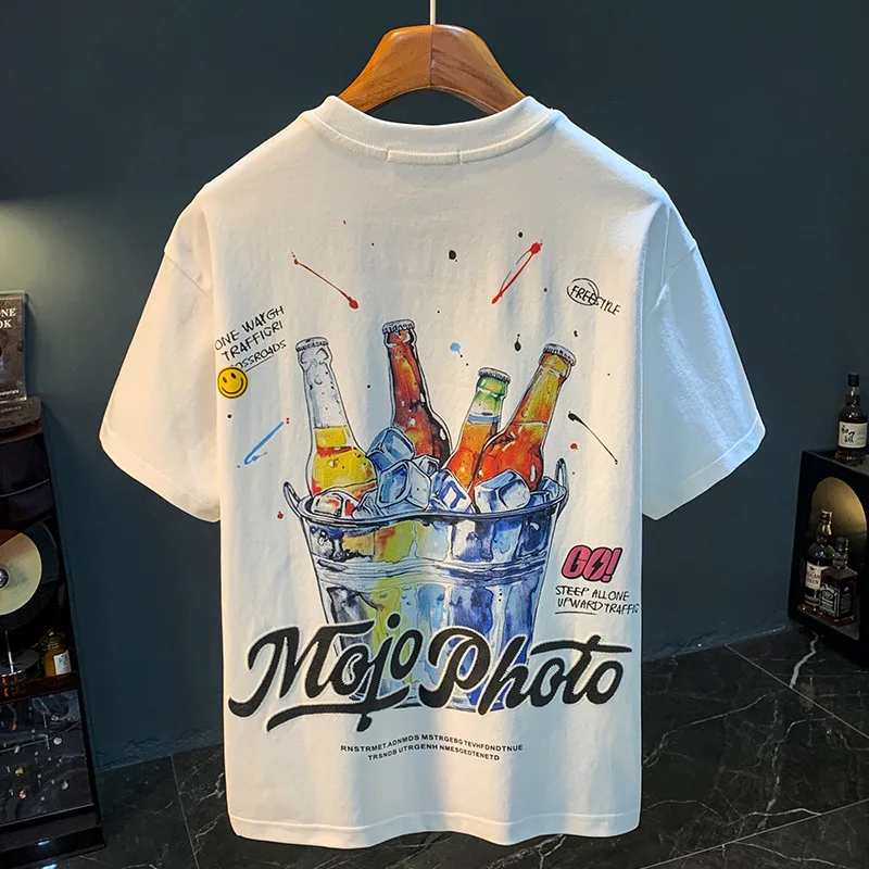 Los T-shirt met korte mouwen voor heren, trendy zomertop met bierprint, casual, veelzijdige mode herenkleding