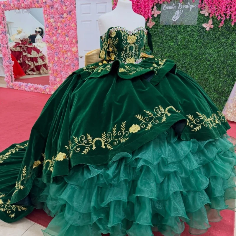 

dark green Ball Gown Quinceanera Dresses Applique Lace Beading Crystal Tiered Tull Bow Corset Off The Shoulder Sweet 16 dress ve