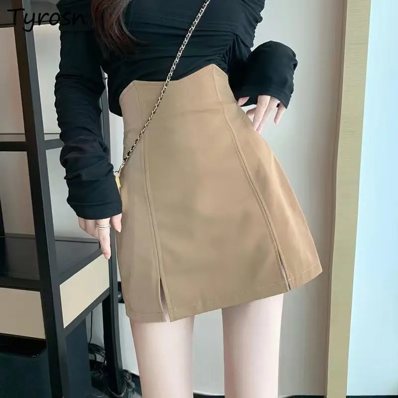 

Pu Skirts Women Empire Elegant Design Office Causal All-match Fashion Mini Faldas Ladies Autumn Simple Pure Retro Korean Style