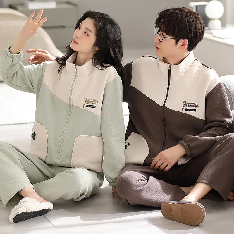 

Zipper Matching Pajamas for Couple Cotton Laminated Warm Sleepwear for Winter and Autumn Nightwear for Women and Men Hombre