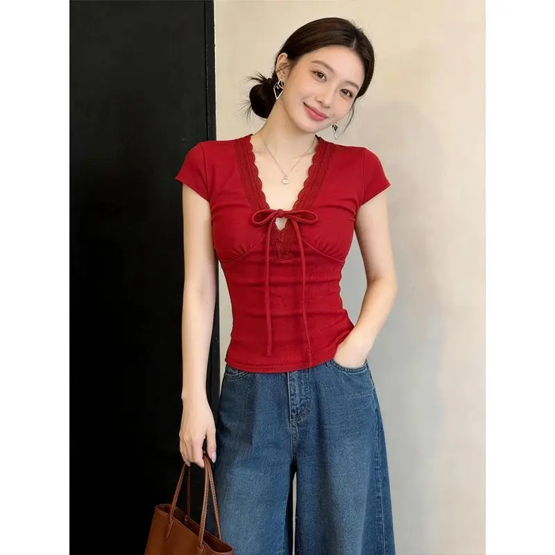 Women Clothing Summer  Fashion Lacing Solid Color V-neck Female All-match Fashionable Appear Thin Short Sleeve Cardigan