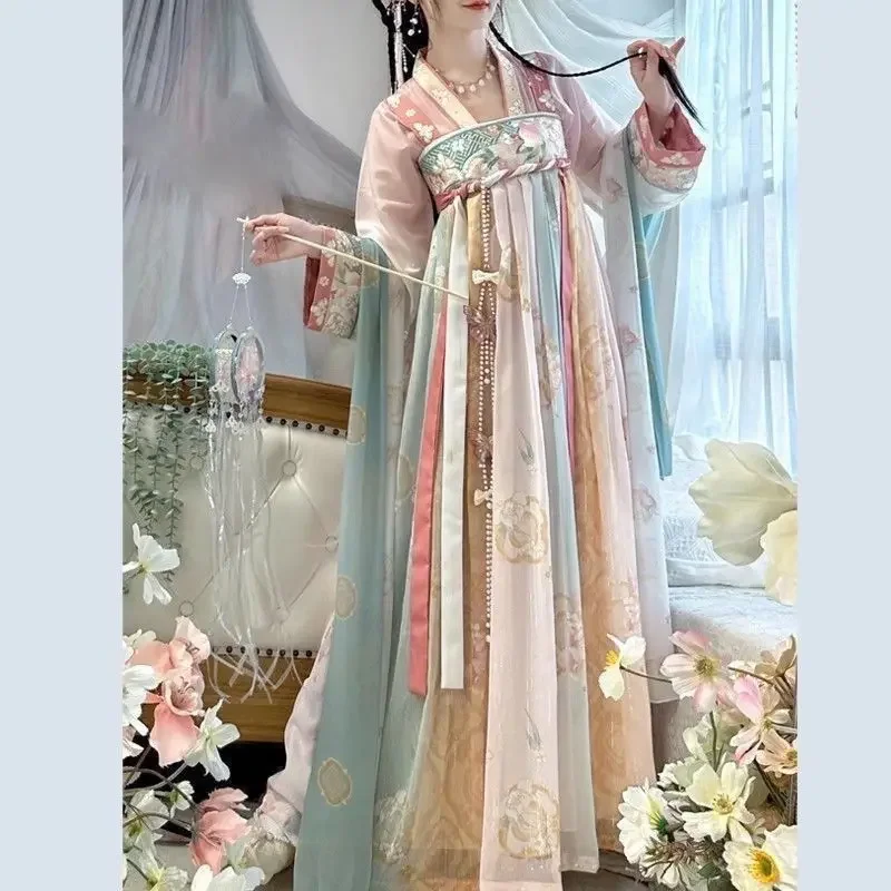 Tang-dynastie Roze Geborduurde Prinses Jurken Chinese Traditionele Hanfu voor Vrouwen Oude Volksdans Carnaval Cosplay Kostuums