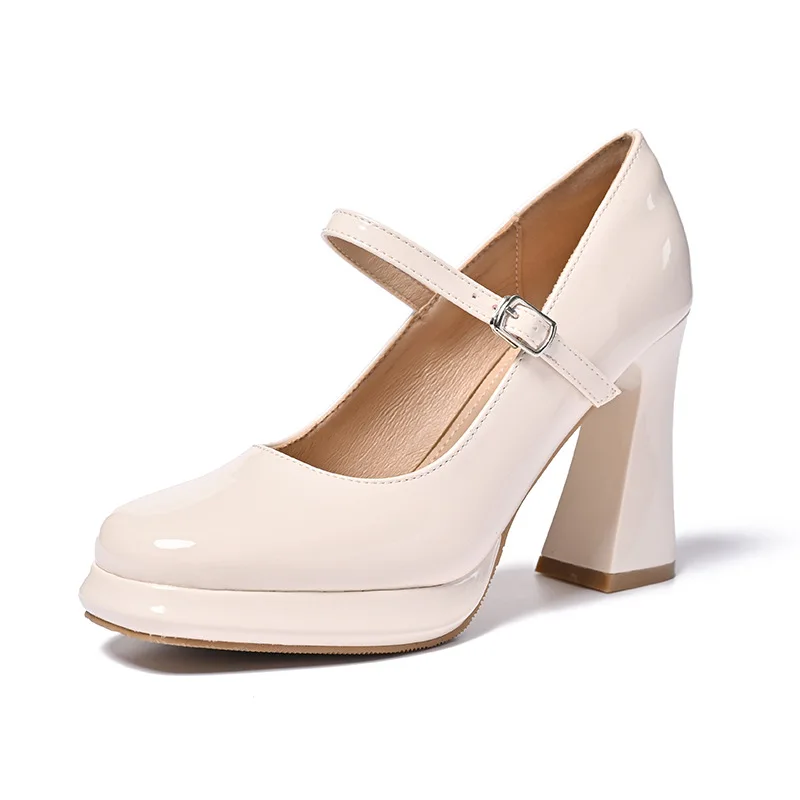 2025 Nuevo estilo Tacón de bloque de plataforma de inspiración francesa Tacones altos Mary Jane Zapatos de vestir de mujer con correa de hebilla versátiles y de moda