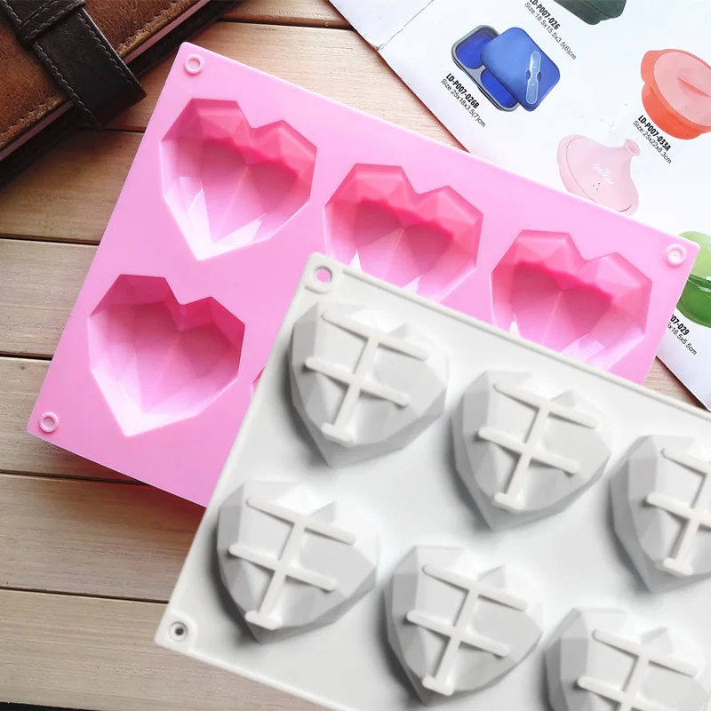 6 Cavity Diamond Love Food Grade Silicone Cake Mould Silicone 3D Heart Shape DIY Dessert Cake Bakeware Mold Modelling Decor