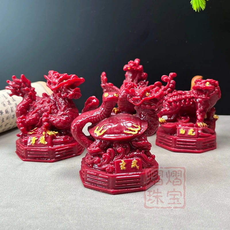 Four Divine Beasts Figurines in Cinnabar Purple gold - Green Dragon, White Tiger, Vermilion Bird, Black Tortoise - Four Divine B