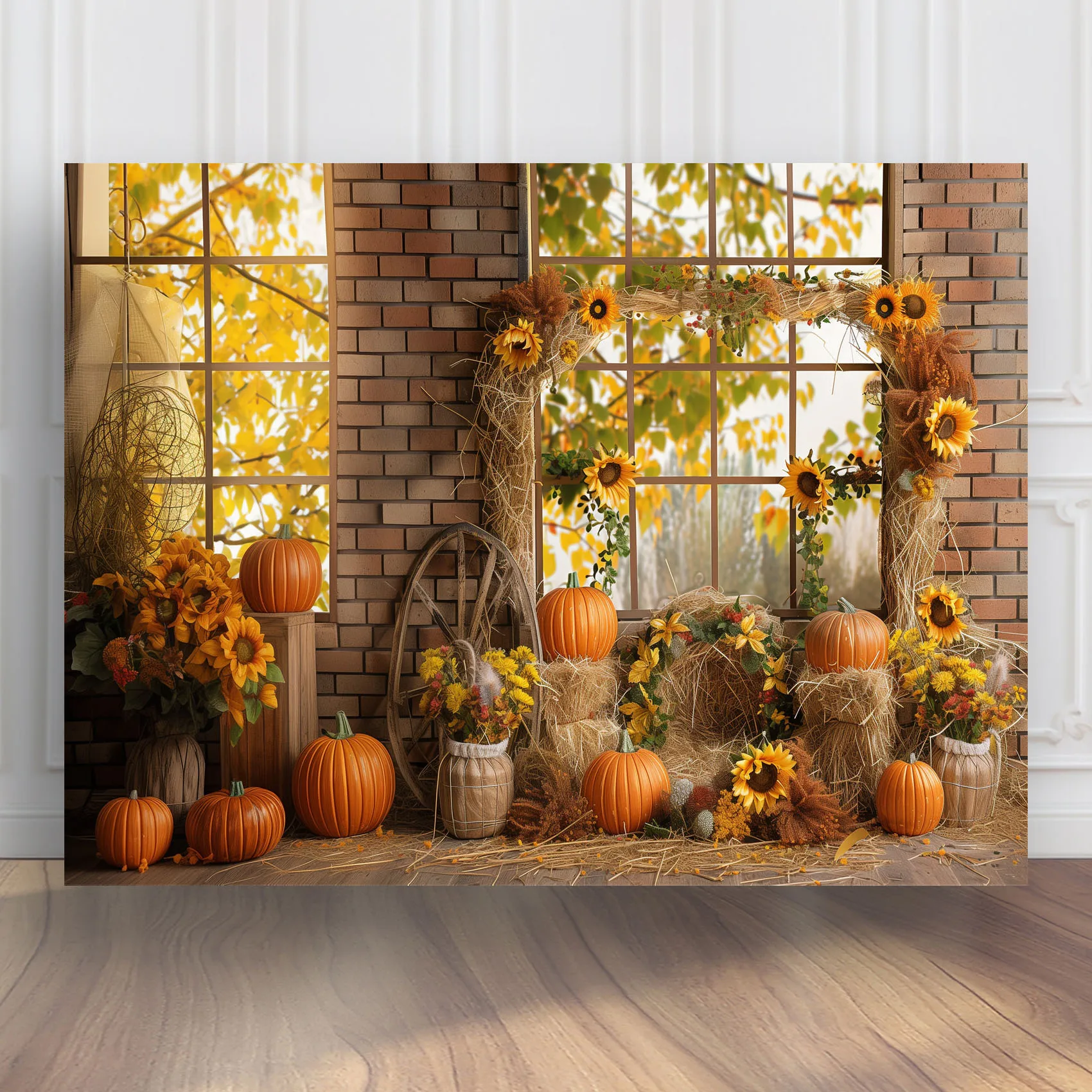 

Fall Pumpkin Patch Backdrop with Hay Bales Flowers Photography Backdrop for Thanksgiving Party Decoration Props BG-1644