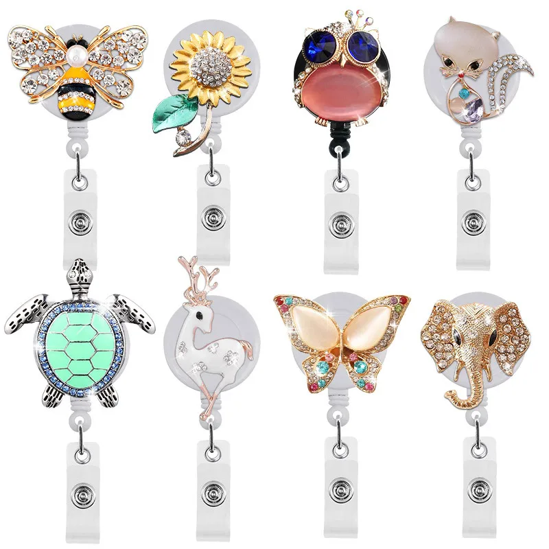 New Arrival 1 Piece Quality Metal Rhinestone Bee Butterfly Elephant Retractable Nurse Badge Reel Teacher Doctor ID Card Holder