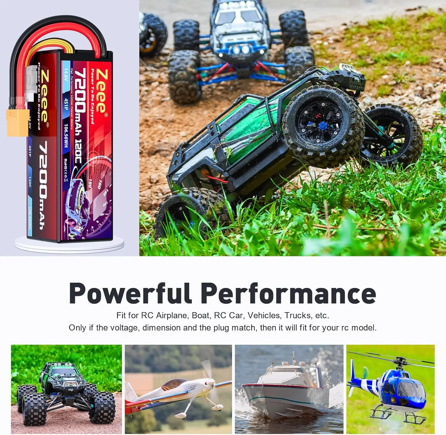 Zeee 4S Lipo Battery 7200mAh 14.8V 120C Hard Case RC Battery with XT90 Plug for 1/8 Buggy RC Car Truck RC Truggy Racing Models