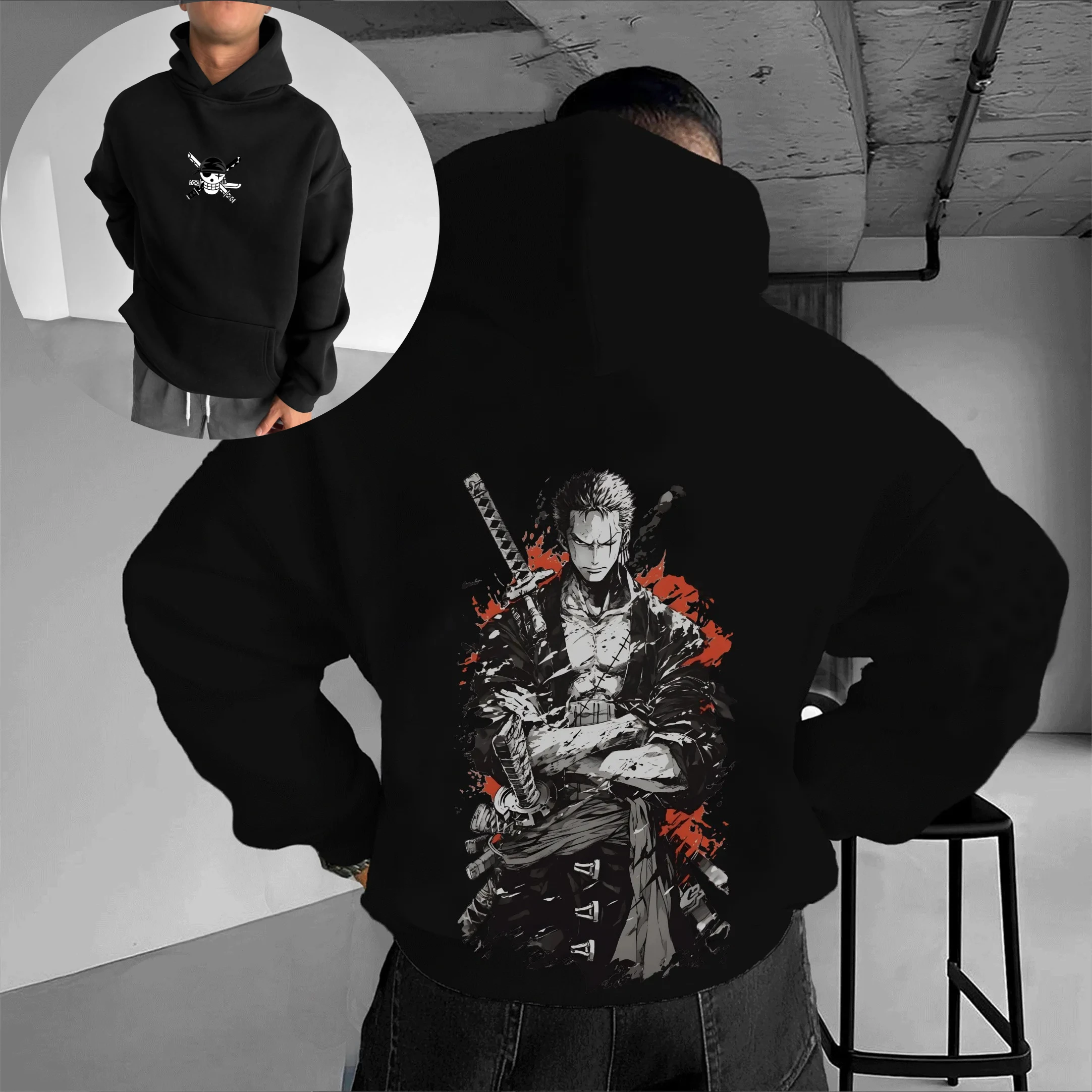 

Цельная черная толстовка с капюшоном Zoro Roronoa Three Swords, мужская хлопковая толстовка с принтом на спине в стиле аниме, повседневная одежда с длинными рукавами, осень-зима, уличная мода
