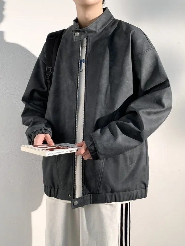 

2026 New Men's Baseball Jaet Casual Loose Spring Autumn PU Leather Coat Stand Collar American Sle Faionable Outerwear