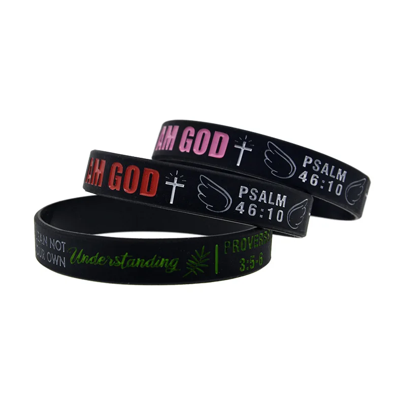 50 Stück PSALM 46:10, SPRÜCH 3:5.6, Armbänder aus Silikonkautschuk, Jesus-Armbänder, schwarz. – Detail 7
