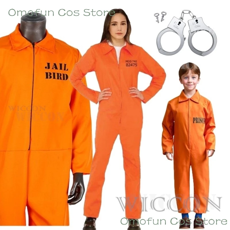 Boy Prisoner Costume Kids Orange Convict Jumpsuit with Handcuffs Jailbird Cosplay Prison Uniform for Halloween Cosplay Party Set