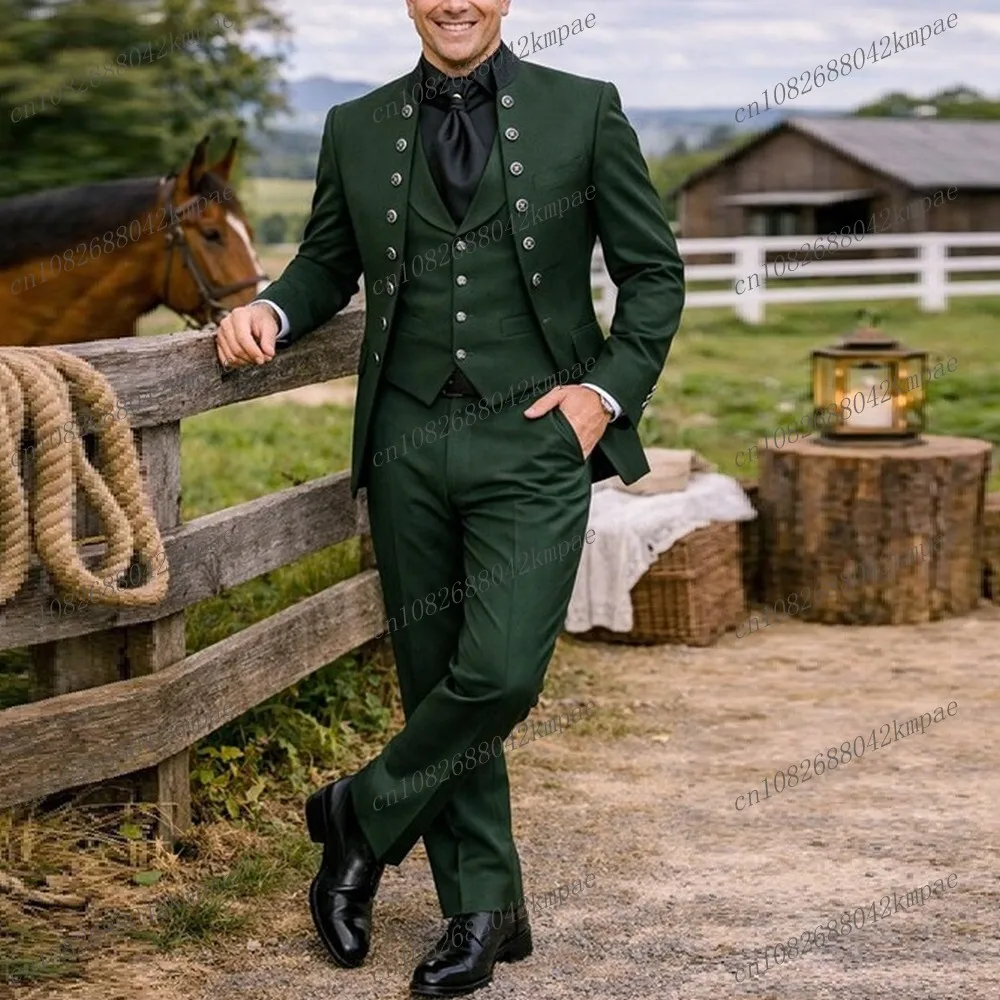 

New Dark Green Men Suit Formal Groom Groomsman Wedding Party Prom Business Male Tuxedos 3 Piece Set Blazer Vest Pants