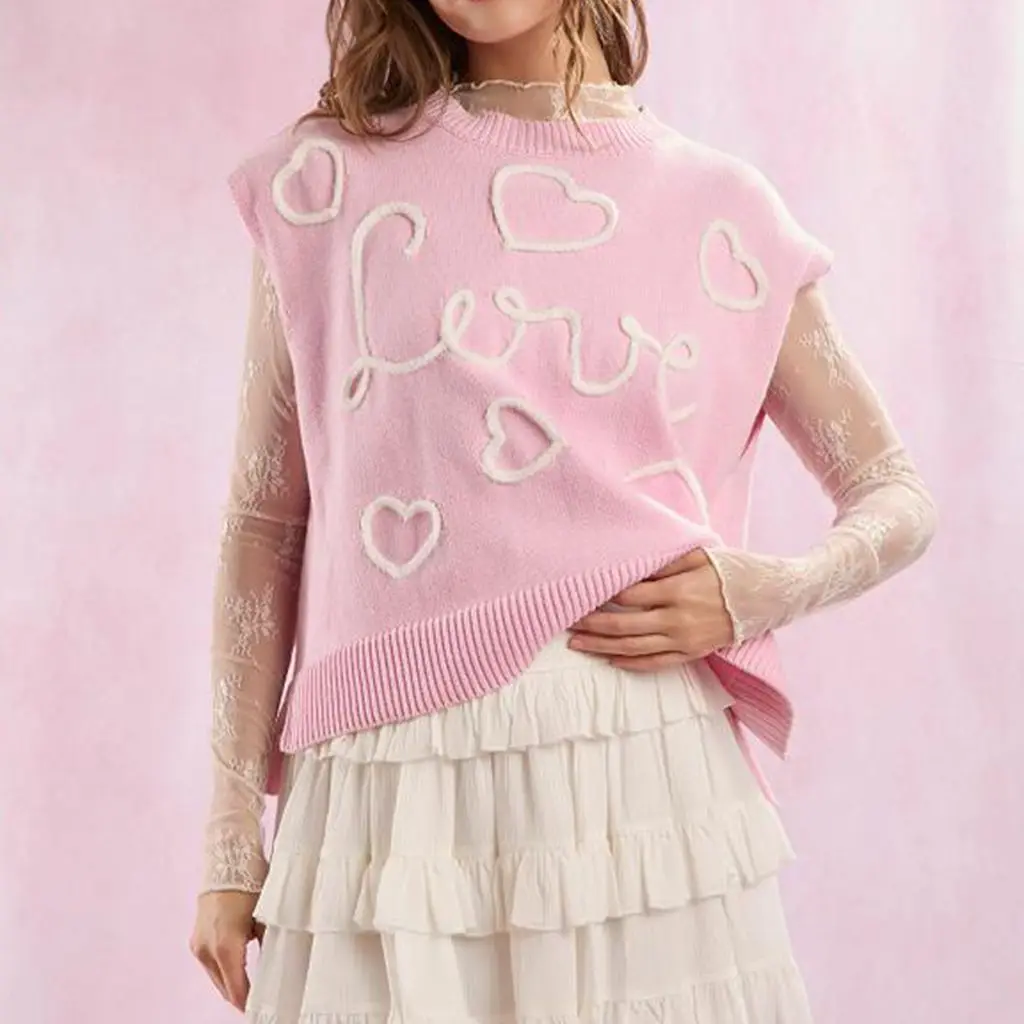 Womens Valentine's Day Y2K Cute Kawaii Heart Letter Decor Sweater Vest Round Neck Side Slit Sleeveless Knitwear Pullover Jumpers