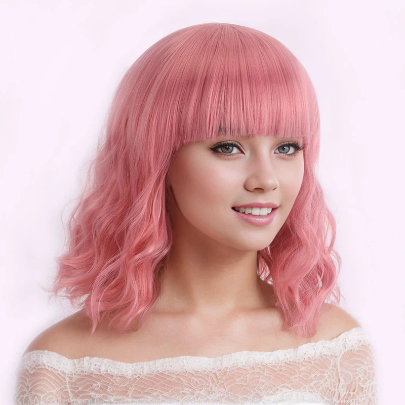 Shoulder-Length Short Hair, Microwave Waves with Bangs, Pink Women's Dress-Up Wig, Soft, Synthetic, Heat-Resistant and Durable, Suitable for Daily Dressing, Wear and Party Cosplay Wig, Party Supplies, Hairstyle, Dress Up, Role-Playing Wig Clothing, Holiday Party, Interesting Role-Playing