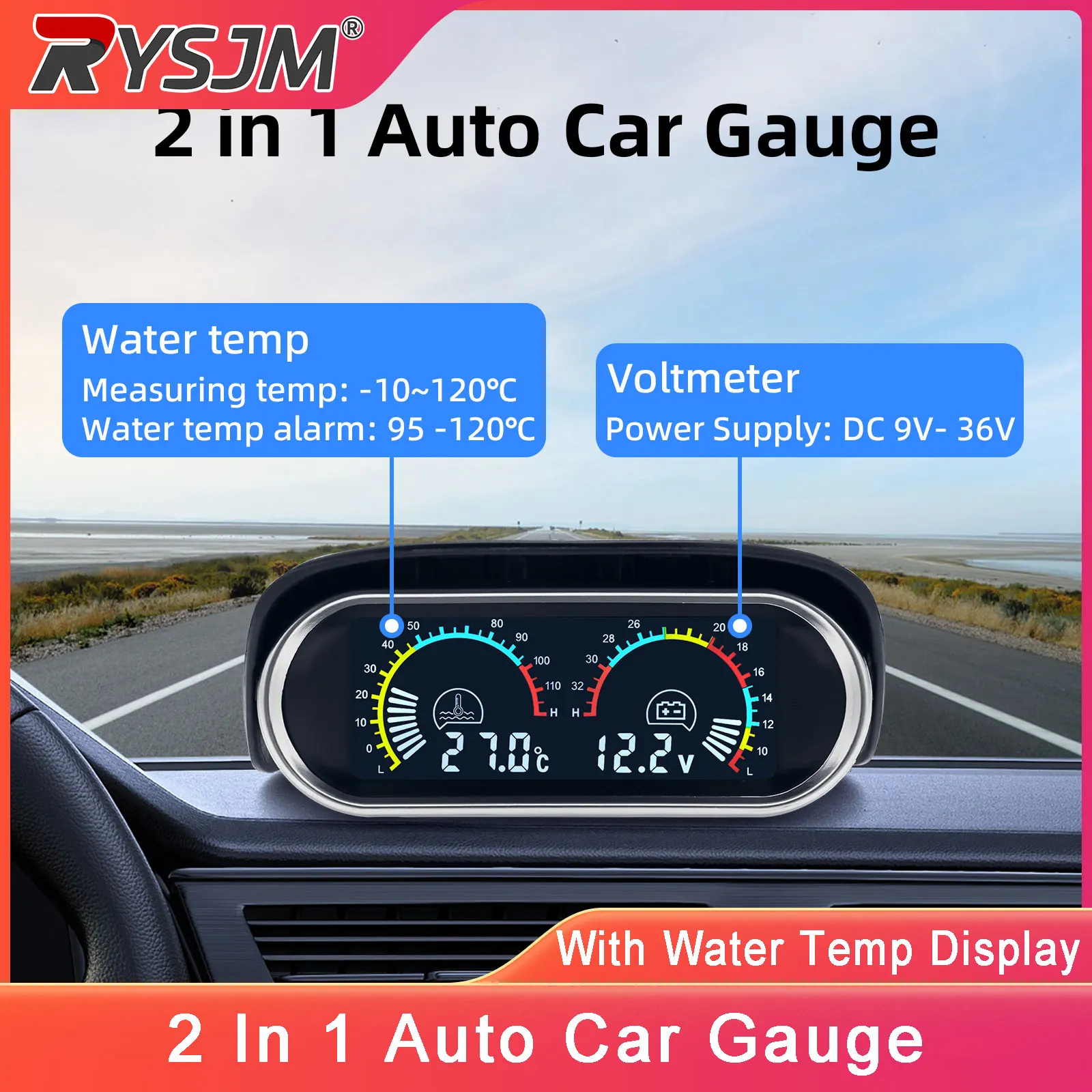 

12V 24V Car Water Temperature Gauge 2 In 1 Digital Auto LCD Water Temp Voltage Gauge Meter With Water Temp Sensor For Car Truck