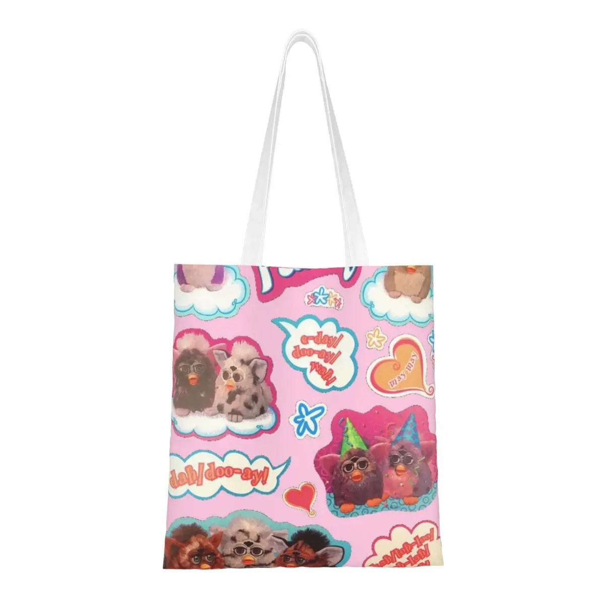 Custom Cartoon Animal Robot Furbys Groceries Tote Shopping Bags Women Cute Canvas Shoulder Shopper Bag Big Capacity Handbag