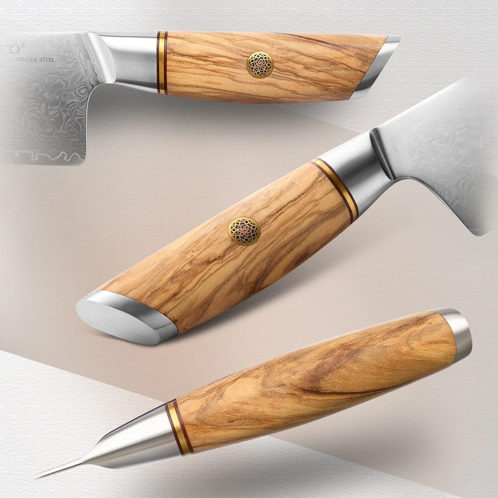 XINZUO 5pcs Knife Set Damascus Steel Bread Chef Meat Knife Olive Wood Handle Meat Vegetable Kitchen Cutter Chef Knife