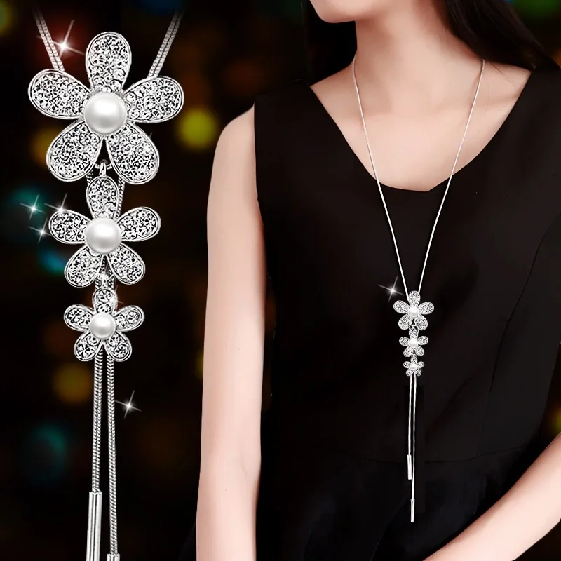 BYSPT Flower Pendant Necklace Silver Color Women Office Lady Imitation Pearl Jewelry Bijoux Gifts