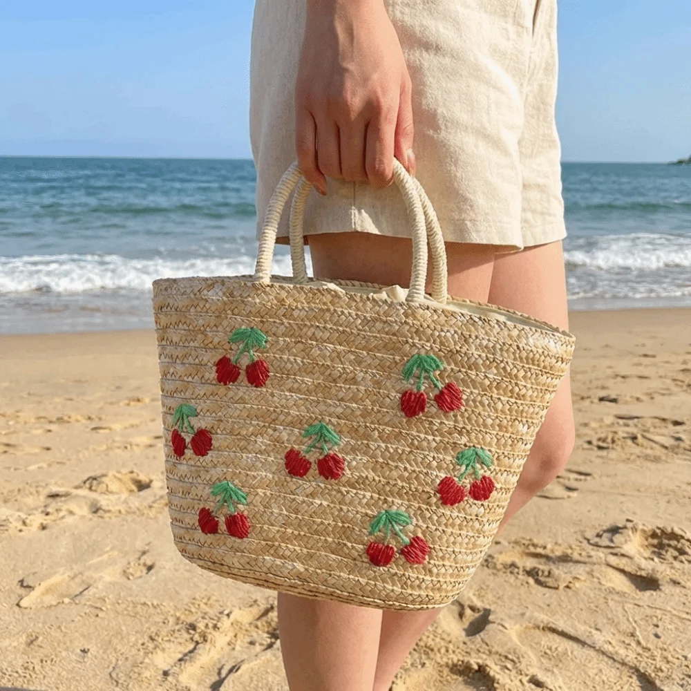 Embroidery String Straw Tote Bags Bohemian Style Sweet Casual Woven Handbags New Design Coconut Tree Design view 5