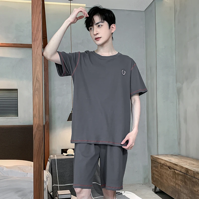 Pajamas Sets Men Solid Color Cotton Fashion Male Short Sleeve Shorts Sleepwear Suit 2 pieces Casual Summer Home Lounge Gift 4XL