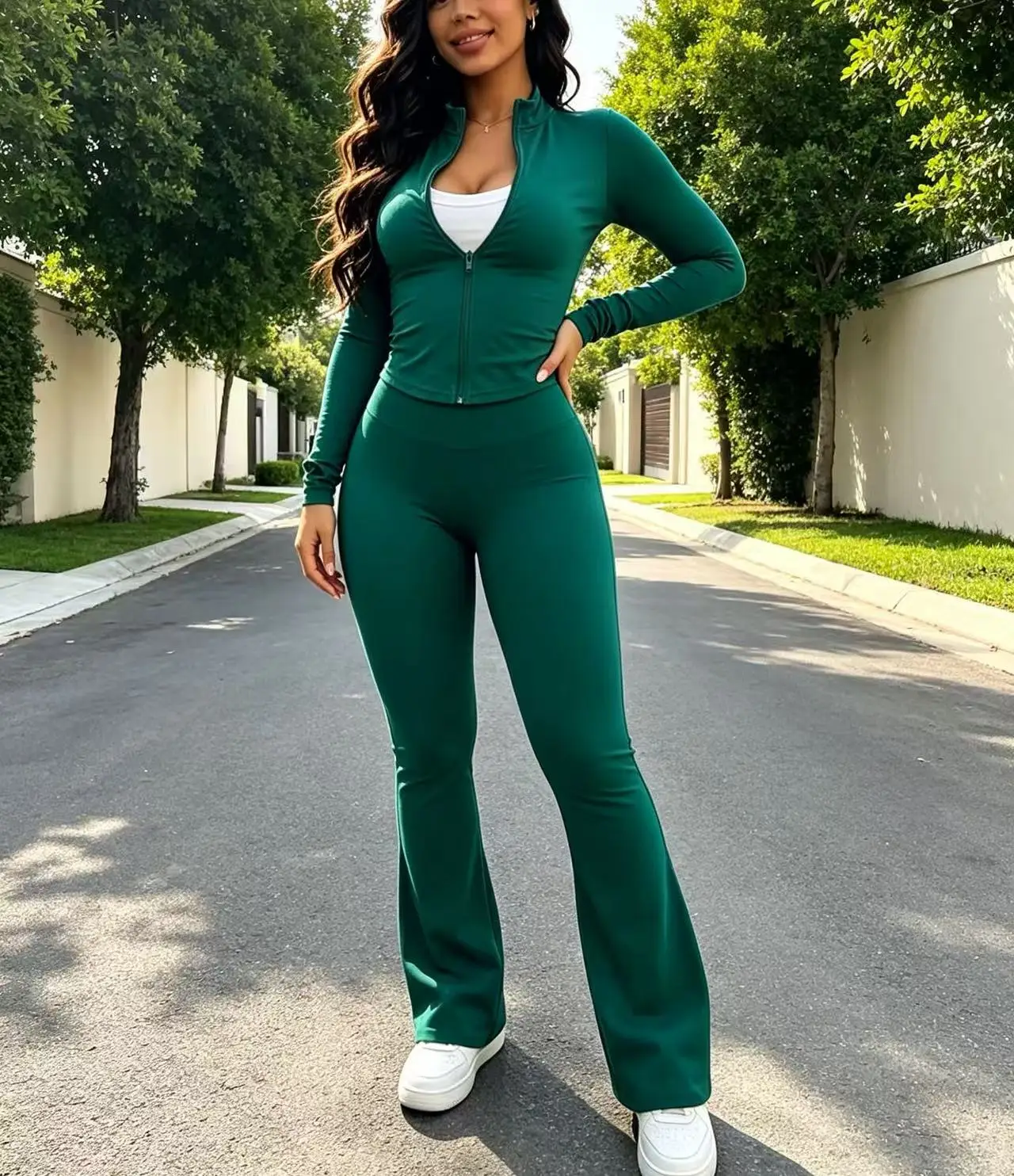 Spring and Autumn Popular Women's Outfit: Fashionable Slim-Fit Solid Color Top with Zipper Jacket and Long Pants Two-Piece Set. Made of lightweight polyester fabric suitable for fitness, yoga, daily casual wear, sports