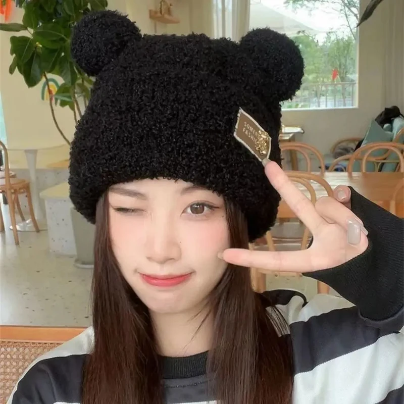 Fashionable Fall and Winter Women\'s Knitted Cap Plush Warm Cute Bear Thickened Knitted Cap Show Face Small Winter Warm Gifts