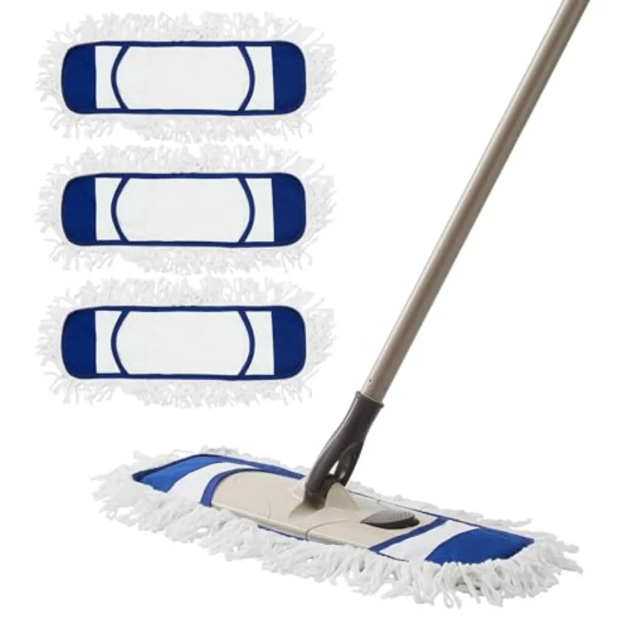 

Dust Mop with 4 Reusable Washable Pads - One Touch Replacement, Height Adjustable Handle, Wet and Dry Mops for Floor Cleaning,