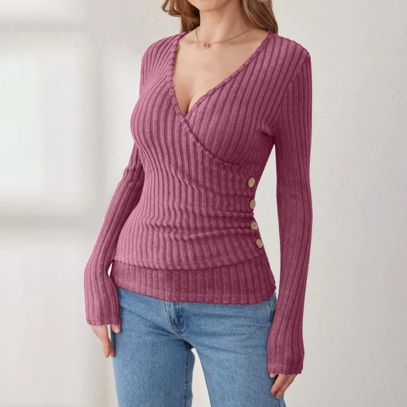 HX6F Flattering Knit Long Sleeve Blouse Perfect for Office Event and Social Occasion