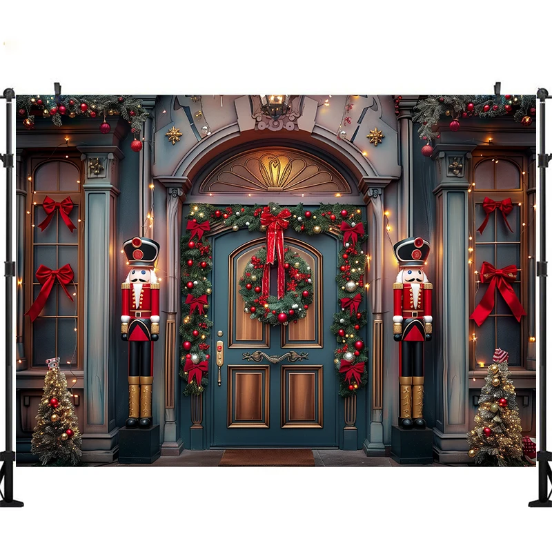 Weihnachten Spielzeugladen Fotografie Hintergrund Winter Weihnachten Holztür Nussknacker Dekor Urlaub Kinder Neugeborene Porträt Foto Hintergrund