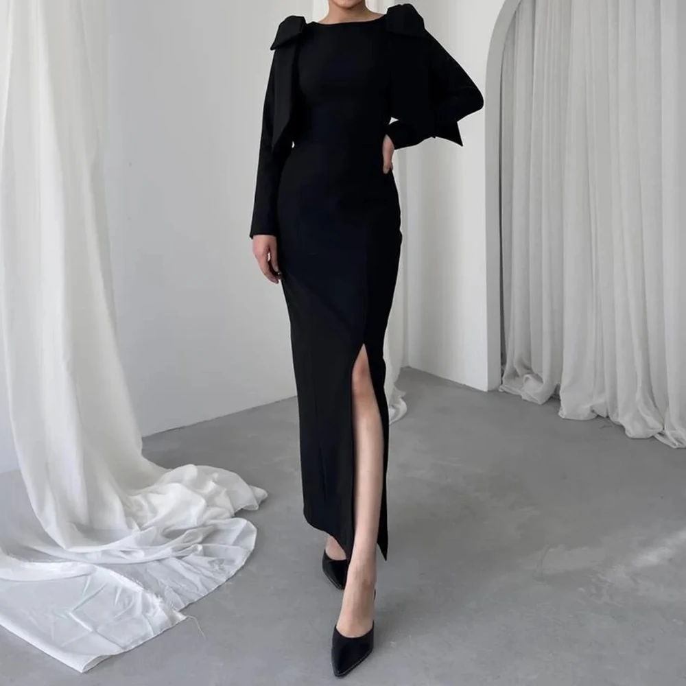 

Customized Straight Evening Dresses Ankle-length Scoop-neck Full Sleeve Prom Gown Fashion Stole Side-split Casual Party Gown
