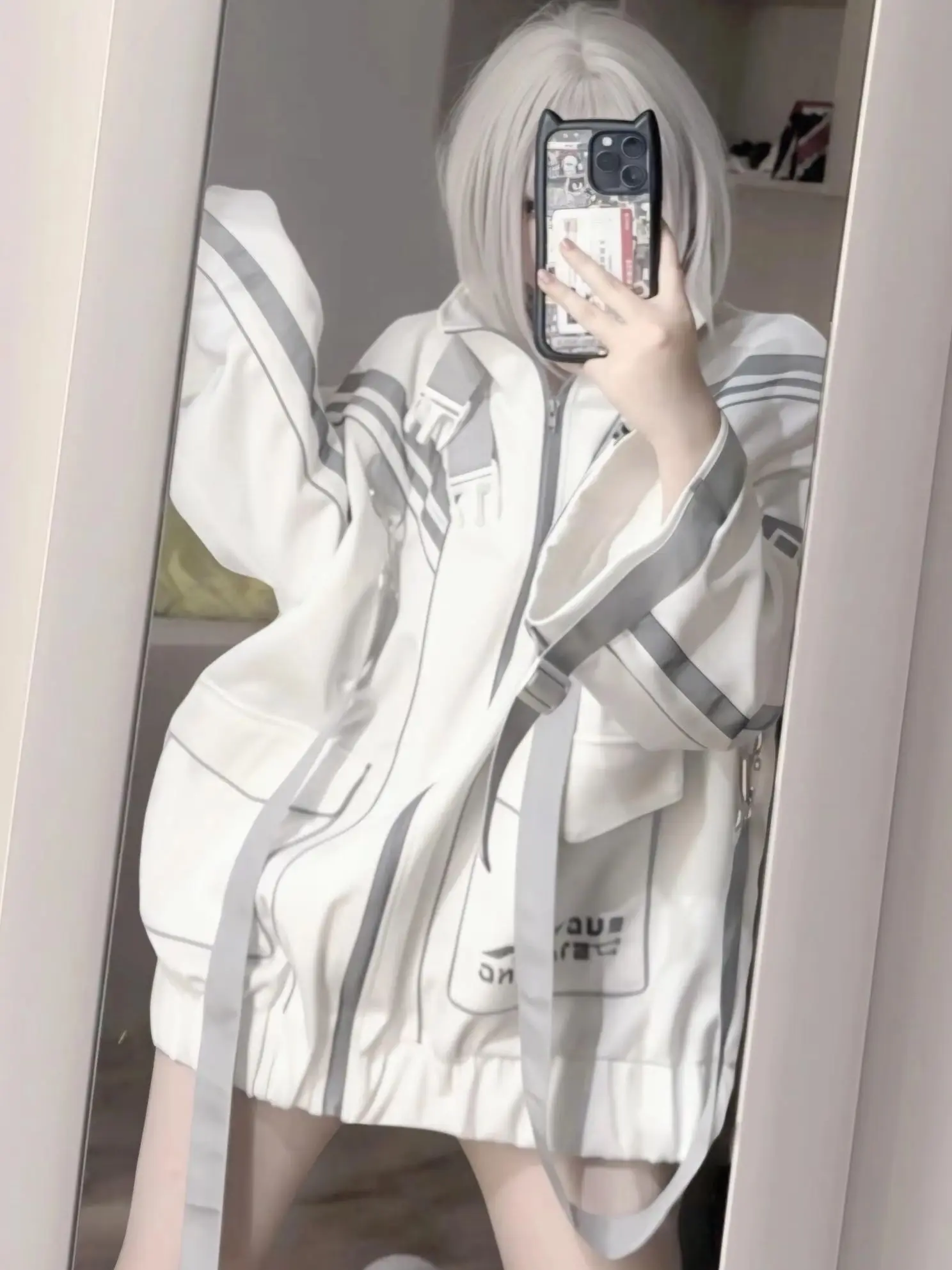 Y2K Subculture Cyberpunk Techwear Women's Oversized Hoodie Jacket Set Japanese Streetwear Reflective Zip-Up Sweatshirt Casual