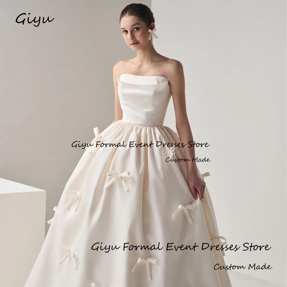 Giyu Simple Bow Vestidos Novias Boda Strapless Sleeveless Wedding Dress Photo Shoot Sweep Train Bridal Gown Robe De Mariée