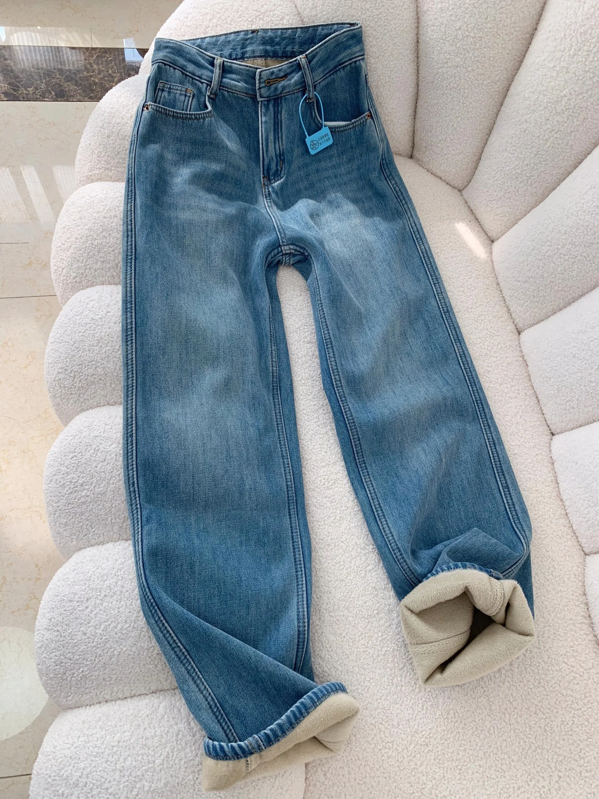 

Женские джинсы с флисовой подкладкой, прямые, с высокой талией, утягивающие, широкие, буткат, повседневные, из плотного денима, для зимы